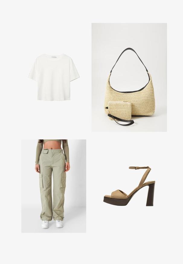 Biała koszulka z krótkim rękawem, wykonana z bawełny. Posiada okrągły dekolt i luźny krój. Gładka faktura bez widocznych wzorów czy akcentów.; Jasnozielone spodnie cargo o luźnym kroju, z bocznymi kieszeniami i elastycznymi sznurkami u dołu, wykonane z gładkiego, wytrzymałego materiału.; Beżowe zamszowe sandały na wysokim obcasie z szerokim paskiem z przodu i paskiem za kostkę, z masywnym drewnianym obcasem o teksturowanym wykończeniu.; Woven straw handbag o zaokrąglonym kształcie, z gładkim czarnym skórzanym paskiem oraz dopasowaną małą sakiewką przypiętą na pasku na nadgarstek.