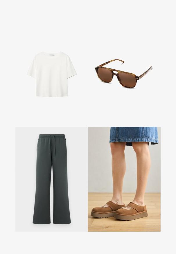 Bílý krátký rukáv tričko vyrobené z bavlny. Má kulatý výstřih a volný střih. Hladký materiál bez viditelných vzorů nebo akcentů.; Tmavě zelené, široké tepláky vyrobené z měkkého materiálu, s elastickým pasem a stahovací šňůrkou pro nastavitelnou velikost.; Hnědé semišové platformové boty s kulatou špičkou, detaily s výřezem a pevným podešvem, doplněné džínovou sukní na dřevěné podlaze.; Sluneční brýle v želvovinovém designu s hnědými skly, obdélníkovým tvarem a tenkými rameny. Rám má jemné kovové akcenty.