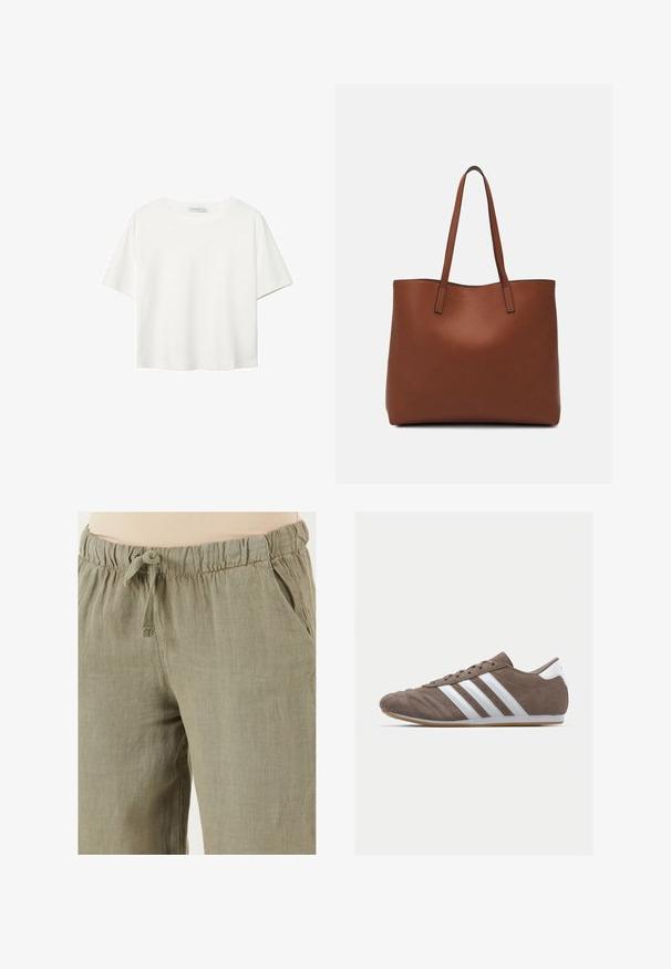 Bela kratka majica s kratkimi rokavi iz bombaža. Ima okroglo izrezovanje in sproščen kroj. Gladka tekstura brez vidnih vzorcev ali poudarkov.; Hlače iz svetlo olivno zelenega lana z elastičnim pasom in vrvico; vsebujejo stranske žepe in sproščen kroj.; Rjav semafor športni copat z belimi črtami, okroglo nos, vezalni dizajn in gumijastim podplatom. Tekstura zgornjega dela s šivi.; Rjava usnjena torba z gladko teksturo, odprto zasnovo zgoraj in dvema naramnima trakovoma. Opremljena je z minimalnim šivanjem in brez vidnih kovinskih delov.