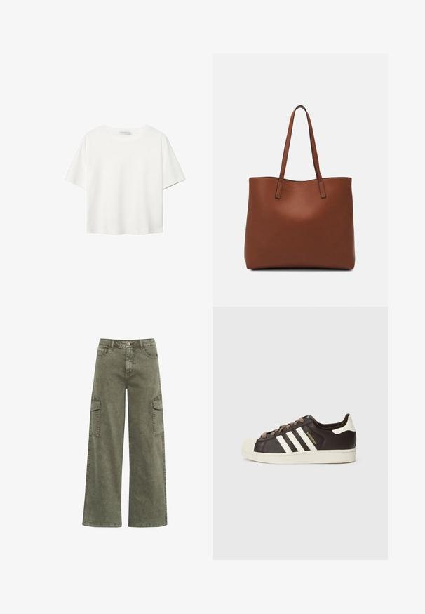Bijela majica kratkih rukava od pamuka. Ima okrugli izrez i opušteni kroj. Glatka tekstura bez vidljivih uzoraka ili naglasaka.; Cream Trapezaste traperice - heavy washed green; Niska Adidas Superstar tenisica od tamnobraon kože s krem školjkastim vrhom, bijelim prugama i natpisom "Superstar" sa strane.; Smeđa kožna torba preko ramena s glatkom teksturom, otvorenim vrhom i dvjema naramenicama. Ima minimalne šavove i nema vidljivog hardvera.