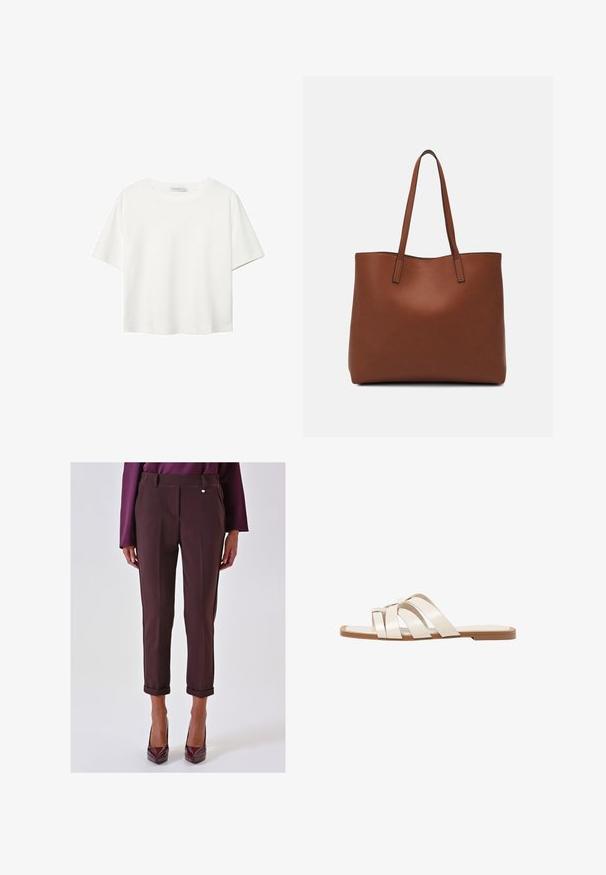 Weißes T-Shirt mit kurzen Ärmeln aus Baumwolle. Hat einen Rundhalsausschnitt und eine lockere Passform. Glatte Textur ohne sichtbare Muster oder Akzente.; Braune maßgeschneiderte Hose mit umgeschlagenem Saum, seitlichen Taschen und einem dezenten silbernen Detail, aus einem glatten Stoff gefertigt.; Flache Sandalen mit einer honigfarbenen Gummisohle, gestaltet mit drei überlappenden weißen Lederriemen und einem kleinen Schleifendetail in der Mitte.; Braune Leder-Tote mit glatter Textur, offenem Oberteil und zwei Schulterriemen. Verfügt über minimale Nähte und keine sichtbaren Beschläge.