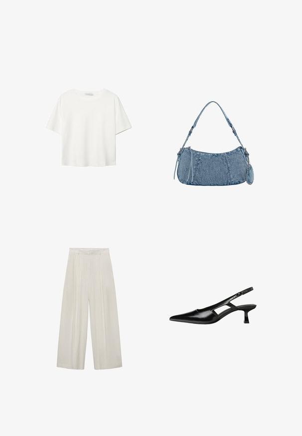 Biela krátkopsová tričko vyrobené z bavlny. Má okrúhly výstrih a voľný strih. Hladká textúra bez viditeľných vzorov alebo akcentov.; Široké nohavice v svetlej béžovej farbe s vertikálnymi bielymi pruhmi. Majú vysoký pás, zložený predný diel a hladkú textúru.; Čierne lakované kožené lodičky na podpätku s špicatou špičkou, výrezovým dizajnom na boku a malým štvorcovým podpätkom. Hladký povrch s minimálnymi akcentmi.; Džínová kabelka s zakriveným tvarom, svetlomodrej farby, so nastaviteľným popruhom na rameno a malým odnímateľným vreckom s kovovými detailmi.