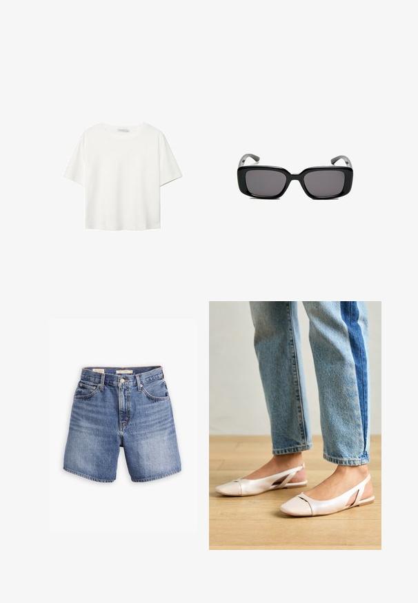 Bela kratka majica s kratkimi rokavi iz bombaža. Ima okroglo izrezovanje in sproščen kroj. Gladka tekstura brez vidnih vzorcev ali poudarkov.; Denim kratke hlače v srednje modri barvi, z značilnim pet žepnim dizajnom, zapiranjem na gumb in ravnim krojem. Rahlo zbledela tekstura po celotni površini.; Svijetloružičaste slingback balerinke s šiljastim nožnim prstima, napravljene od glatkog materijala nalik koži. Imaju izrezane detalje sa strane i ravne pete.; Črne pravokotne sončne očala z temnimi lečami, gladkim plastičnim okvirjem in ukrivljenimi nogicami. Oblika je robustna in minimalistična.