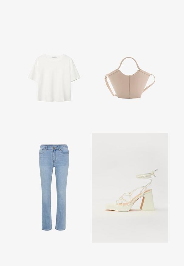 Bijela majica kratkih rukava od pamuka. Ima okrugli izrez i opušteni kroj. Glatka tekstura bez vidljivih uzoraka ili naglasaka.; Svijetloplave traperice s ravnim krojem, zatvaranjem na gumbe i prednjim džepovima s kontrastnim šavovima. Glatka tekstura.; Bijela sandala na visokoj potpetici s debelim petom, s remenom i vezanjem oko gležnja. Glatka tekstura s platformom sprijeda za dodatnu visinu.; Bež kožna torba jedinstvenog oblika, s dva kratka ručka i dugom podesivom trakom. Glatka tekstura s minimalnim metalnim dodacima.