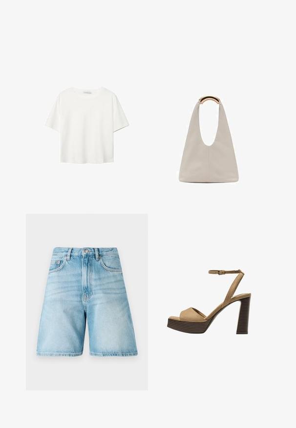 Biela krátkopsová tričko vyrobené z bavlny. Má okrúhly výstrih a voľný strih. Hladká textúra bez viditeľných vzorov alebo akcentov.; Svetlo modré džínsové šortky s voľným strihom, s piatimi vreckami, pútkami na opasok a vyblednutou textúrou. Lem je rovný a šitý.; Bežové semišové sandále na vysokom opätku s širokým predným pásom a pásikom okolo členka, ktoré majú masívny drevený blokový opätok s textúrovaným povrchom.; Svetlosivá kožená taška s U-tvarom a zakrivenou kovovou rukoväťou. Hladký povrch s minimálnym prešívaním a bez viditeľných vzorov.