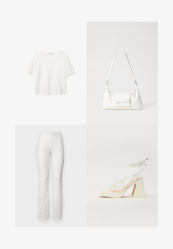 Vit t-shirt med kort ärm i bomull. Har en rundad halsringning och en avslappnad passform. Slät textur utan synliga mönster eller detaljer.; Vita texturerade byxor med ett blommönster, utsvängd design och elastisk midja för komfort. Slät tygfinish.; Vit högklackad sandal med en kraftig klack, med ett remdesign och ankelband. Slät textur med en plattform framtill för ökad höjd.; Vit syntetisk handväska med triangulär form, platt framklaff och rosettdetalj, justerbar rem, slät textur och minimalistisk design.