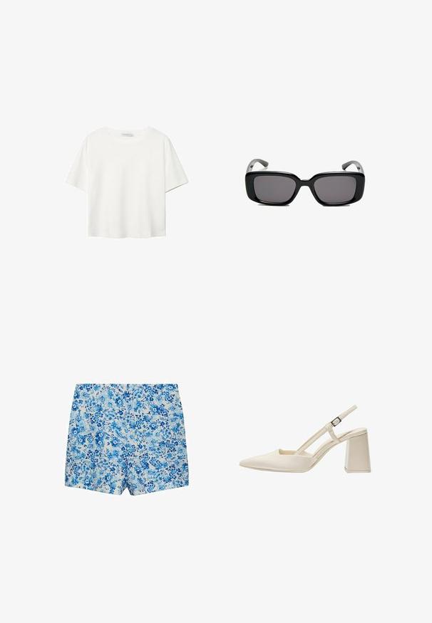Bela kratka majica s kratkimi rokavi iz bombaža. Ima okroglo izrezovanje in sproščen kroj. Gladka tekstura brez vidnih vzorcev ali poudarkov.; Ženske kratke hlače z modrim in belim cvetličnim vzorcem, ravnega kroja in visokega pasu.; Bež slingback čevlji s koničastim nosom, sijočo patentirano obdelavo, srednjim blokastim petam in nastavljivim trakom. Minimalistična zasnova z odprtimi stranmi.; Črne pravokotne sončne očala z temnimi lečami, gladkim plastičnim okvirjem in ukrivljenimi nogicami. Oblika je robustna in minimalistična.