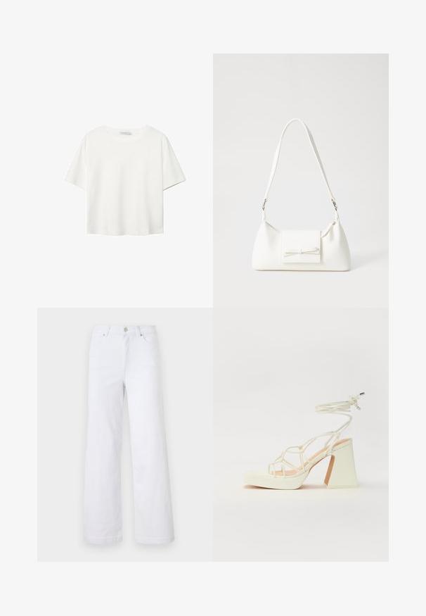 Bijela majica kratkih rukava od pamuka. Ima okrugli izrez i opušteni kroj. Glatka tekstura bez vidljivih uzoraka ili naglasaka.; Bijele traperice širokog kroja imaju patentni zatvarač, kopčanje na dugme, dva prednja džepa i čist dizajn bez ukrasa.; Bijela sandala na visokoj potpetici s debelim petom, s remenom i vezanjem oko gležnja. Glatka tekstura s platformom sprijeda za dodatnu visinu.; Bijela sintetička torbica s trokutastim oblikom, ravnim prednjim poklopcem i detaljem u obliku mašne, podesivom remenom, glatkom teksturom i minimalističkim dizajnom.