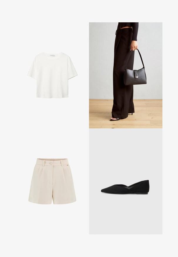 Vit t-shirt med kort ärm i bomull. Har en rundad halsringning och en avslappnad passform. Slät textur utan synliga mönster eller detaljer.; Beige skräddarsydda shorts med veck, framknappningar och sidofickor. Tillverkade av ett mjukt tyg med en ren finish och subtil märkessymbol.; Svart mockaskor med platt sula, spetsig tå och V-formad utskärning på sidorna. Har en slät yta och en låg profil.; Svart handväska med strukturerad form, slät yta och metallspänne. Matchad med vida svarta byxor och sandaler med öppen tå på trägolv.