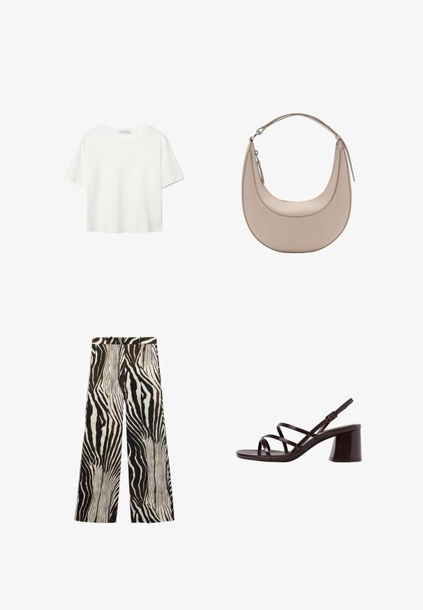 T-shirt blanc à manches courtes en coton. Doté d'un col ras du cou et d'une coupe décontractée. Texture lisse sans motifs ni accents visibles.; Pantalons larges avec un motif zèbre audacieux en noir et blanc, agrémentés de touches de marron ; fabriqués en tissu léger, avec une texture douce.; Sandale à talons hauts marron avec des brides, dotée d'un talon épais, affichant une finition lisse et brillante avec plusieurs brides croisées sur le dessus.; Sac à épaule en cuir beige de forme croissante, texture lisse, avec une seule poignée courbée. Il possède une fermeture zippée et des coutures soignées.