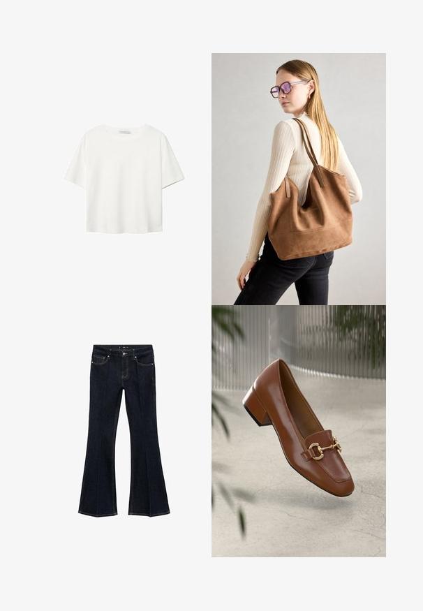 Biela krátkopsová tričko vyrobené z bavlny. Má okrúhly výstrih a voľný strih. Hladká textúra bez viditeľných vzorov alebo akcentov.; Tmavomodré džínsy s vysokým pásom, prednými vreckami a rozšírenými nohavicami, vystavené na bielom pozadí.; Hnedé lakované kožené loafers s hranatou špičkou, kovovým reťazovým akcentom a nízkym blokovým podpätkom; hladká textúra, minimalistický dizajn.; Hnedá semišová taška na rameno s mäkkou textúrou, veľkým otvorom a dlhými popruhmi. Má jednoduchý dizajn s viditeľným šitím a bez kovových prvkov.