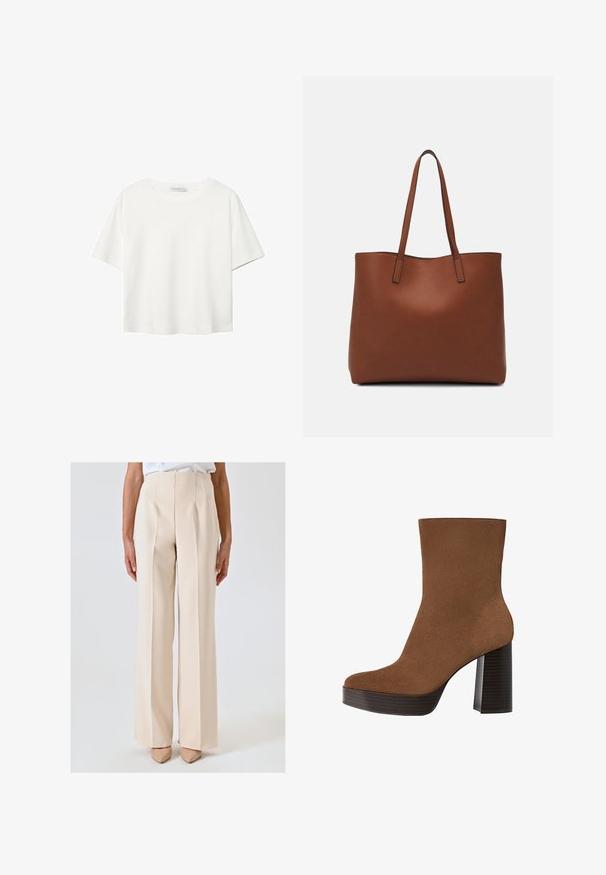 Biała koszulka z krótkim rękawem, wykonana z bawełny. Posiada okrągły dekolt i luźny krój. Gładka faktura bez widocznych wzorów czy akcentów.; Beżowe, wysokie spodnie o prostym kroju, z wyraźnymi plisami i gładką fakturą. W połączeniu z cielistymi szpilkami o spiczastym nosku.; Brązowe zamszowe botki sięgające kostki z zaokrąglonym noskiem, masywnym czarnym paskiem na obcasie i gładką powierzchnią. Charakteryzują się dopasowanym krojem bez widocznych elementów metalowych.; Brązowa skórzana torba tote o gładkiej fakturze, z otwartym wierzchem i dwoma ramiączkami. Charakteryzuje się minimalnym przeszyciem i brakiem widocznych elementów metalowych.