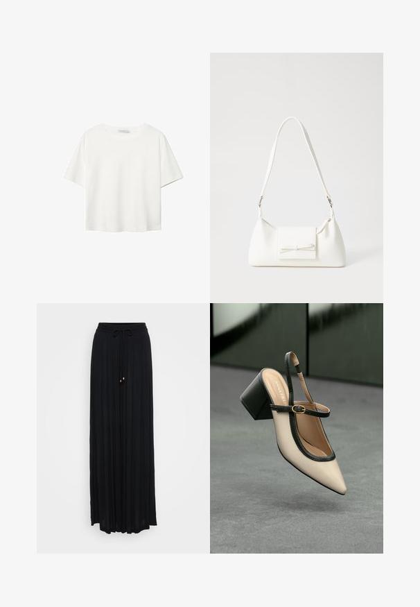 Bela kratka majica s kratkimi rokavi iz bombaža. Ima okroglo izrezovanje in sproščen kroj. Gladka tekstura brez vidnih vzorcev ali poudarkov.; Črna, nabran maxi krila z elastiko v pasu, izdelana iz lahkega materiala, z zlatimi detajli na koncih vrvice.; Bežna slingback čevlja z uskim sprednjim delom, črnimi detajli, zlatim zaponko in debelim blokovskim peto na sivi tleh s temno zeleno ozadje.; Bela sintetična torbica v obliki trikotnika, z ravnim sprednjim poklopcem in detajlom mašne, nastavljivim trakom, gladko teksturo in minimalističnim dizajnom.