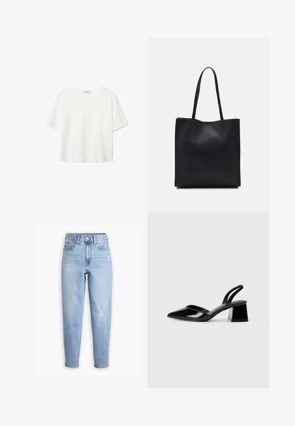 White short-sleeve t-shirt made of cotton. Features a crew neckline and a relaxed fit. Smooth texture with no visible patterns or accents.; Light blue high-waisted jeans made of denim, featuring a straight leg, subtle fading, and a small distressed area on the right thigh.; Black patent leather slingback heels with a pointed toe and a geometric block heel. Features a sleek, minimal design and smooth texture.; Black leather tote bag with smooth texture, rectangular shape, and two long handles. No visible hardware or embellishments.
