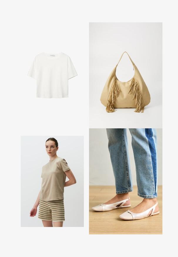 Weißes T-Shirt mit kurzen Ärmeln aus Baumwolle. Hat einen Rundhalsausschnitt und eine lockere Passform. Glatte Textur ohne sichtbare Muster oder Akzente.; Beige Baumwoll-T-Shirt mit kurzen Ärmeln, kombiniert mit strukturierten Shorts, die abwechselnd cremefarbene und hellbraune Streifen aufweisen.; Blassrosa Slingback-Ballerinas mit spitzem Punkt, aus einem glatten, lederähnlichen Material. Mit Ausschnitten an den Seiten und einem flachen Absatz.; Hellbraune Wildleder-Umhängetasche mit großem Öffnungsbereich und langen Fransenakzenten an beiden Seiten, verfügt über eine glatte Textur und einen einzelnen Tragegriff.