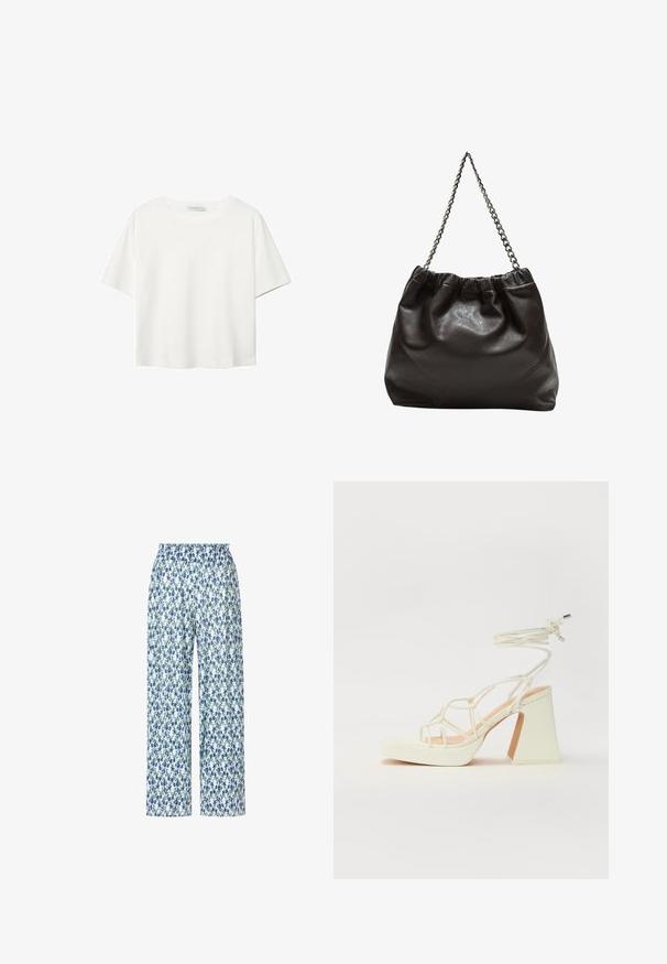Biela krátkopsová tričko vyrobené z bavlny. Má okrúhly výstrih a voľný strih. Hladká textúra bez viditeľných vzorov alebo akcentov.; Nohavice s kvetinovým vzorom, ktoré majú modro-zelený vzor na bielom pozadí, s voľným strihom a elastickým pásom.; Biele sandále na vysokom opätku s hrubým podpätkom, s pruhovaným dizajnom a viazaním na členku. Hladký povrch s platformou vpredu pre zvýšenú výšku.; Hnedá kožená taška so zberaným vrchom a reťazovým popruhom. Hladký povrch s lesklým finišom a jemným švom po stranách.