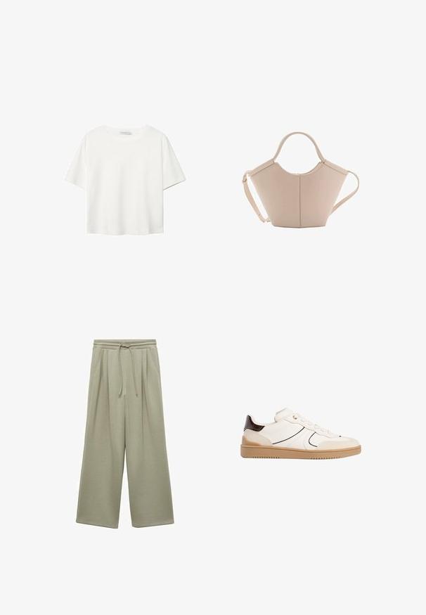 Bílý krátký rukáv tričko vyrobené z bavlny. Má kulatý výstřih a volný střih. Hladký materiál bez viditelných vzorů nebo akcentů.; Světle zelené, široké tepláky vyrobené z měkké tkaniny. Vlastnosti zahrnují pás na šňůrku, sklady a uvolněný střih. Bez viditelných kapes.; Stradivarius Tenisky - white; Beige kožená kabelka s jedinečným tvarem, vybavená dvěma krátkými uchy a dlouhým nastavitelným popruhem. Hladká textura s minimem kovových doplňků.