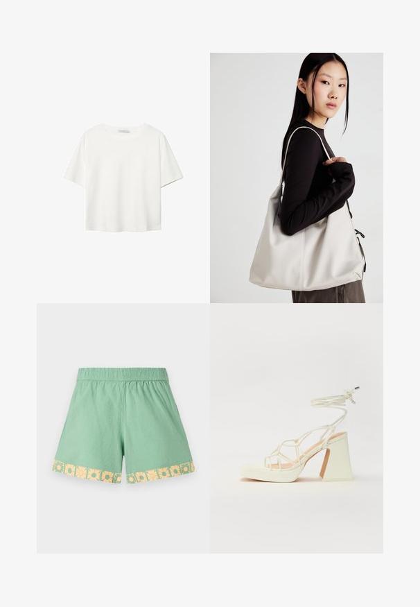 Bela kratka majica s kratkimi rokavi iz bombaža. Ima okroglo izrezovanje in sproščen kroj. Gladka tekstura brez vidnih vzorcev ali poudarkov.; Svetlozeleni šortsi z elastičnim pasom in cvetličnim vzorcem v rumeni barvi ob robu. Mehka, lahka tkanina s sproščenim krojem.; Bela sandala na visokih petah s debelim petam, ki ima obliko trakcev in vezanje okoli gležnja. Gladka tekstura z platformo spredaj za dodatno višino.; Bežna torbica iz mehkega materiala, z ohlapno zasnovo, šivi in dvema naramnicama. Primerna za vsakodnevno uporabo.