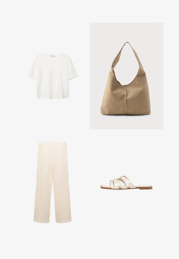 Bijela majica kratkih rukava od pamuka. Ima okrugli izrez i opušteni kroj. Glatka tekstura bez vidljivih uzoraka ili naglasaka.; Mango Hlače - mottled beige; Ravne sandale s smeškom od gume, dizajnirane s tri preklapajuće bele kožne trake i malim detaljem mašne u sredini.; Torba hobo u mekanom bež antilopu s opuštenim oblikom, širokim remenom za rame i ručno šivenim detaljem na prednjoj strani.