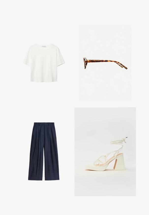 Weißes T-Shirt mit kurzen Ärmeln aus Baumwolle. Hat einen Rundhalsausschnitt und eine lockere Passform. Glatte Textur ohne sichtbare Muster oder Akzente.; Marineblaue weit geschnittene Hosen aus Leinen, mit hohem Bund, gefaltetem Vorderteil und Seitentaschen für Funktionalität.; Weiße High-Heel-Sandale mit einem klobigen Absatz, die über ein Riemchendesign und ein Knöchelband verfügt. Glatte Textur mit einer Plattform vorne für zusätzliche Höhe.; Schildpatt-Sonnenbrille mit dickem Rahmen, leicht gebogenen Bügeln und glatter Textur. Sie präsentiert ein klassisches Design mit glänzender Oberfläche.