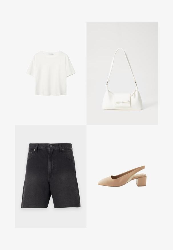 Bijela majica kratkih rukava od pamuka. Ima okrugli izrez i opušteni kroj. Glatka tekstura bez vidljivih uzoraka ili naglasaka.; Crne traper kratke hlače ravnog kroja, s kopčanjem na dugme, prednjim džepovima i teksturiranim materijalom. Minimalistički dizajn, bez vidljivih uzoraka.; Kožne sandale u boji kože s otvorenom petom, špicastim vrhom i kontrastnim bež bočnim panelom. Glatka tekstura, minimalistički dizajn.; Bijela sintetička torbica s trokutastim oblikom, ravnim prednjim poklopcem i detaljem u obliku mašne, podesivom remenom, glatkom teksturom i minimalističkim dizajnom.