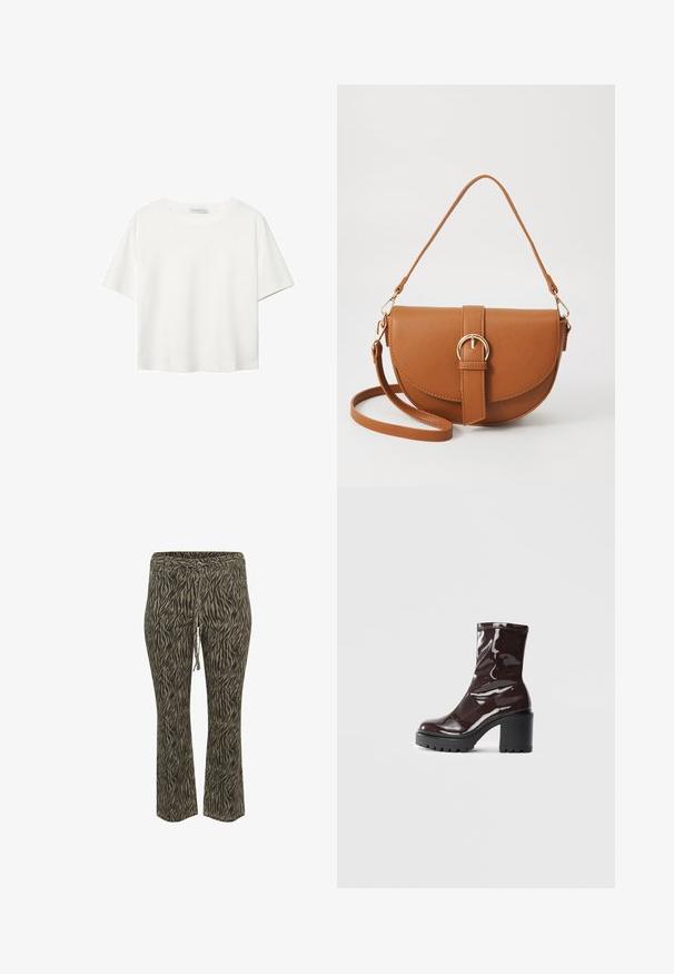 Bela kratka majica s kratkimi rokavi iz bombaža. Ima okroglo izrezovanje in sproščen kroj. Gladka tekstura brez vidnih vzorcev ali poudarkov.; Elastični pas s vrvico v kaki in belem zebra vzorcu. Srednje visok pas, oblikovani hlačnic, mehak material. Primerne za priložnostno nošenje.; Sijajan škrlatank z bleščečim videzom, z masivnim črnim peto, ki se ponaša z gladko teksturo in preprostim dizajnom. Brez vidnih zapenjal ali vzorcev.; Rjava usnjena torbica prek telesa s ukrivljeno obliko, zlate opreme in sponko. Ima odstranljiv naramni trak.