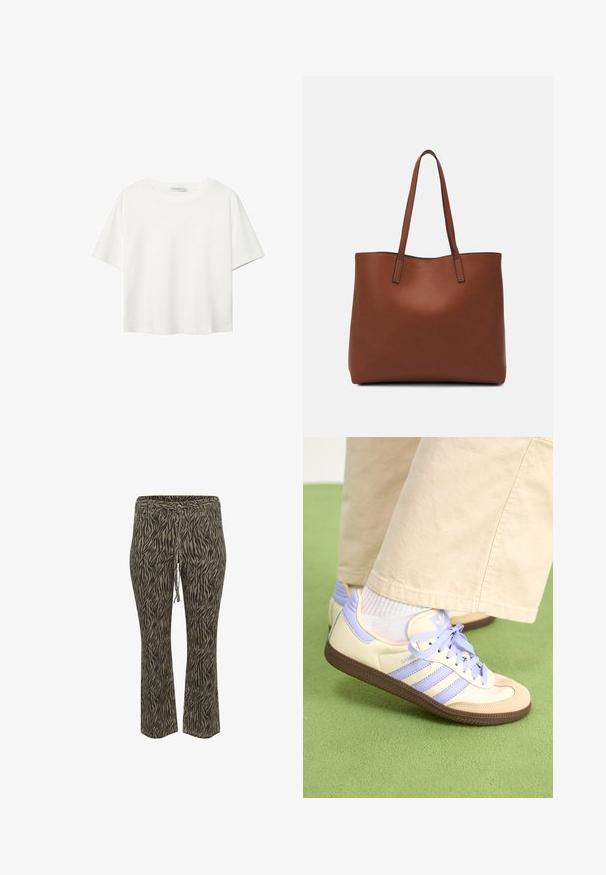 Bijela majica kratkih rukava od pamuka. Ima okrugli izrez i opušteni kroj. Glatka tekstura bez vidljivih uzoraka ili naglasaka.; Hlače s elastičnim pojasom i vezicom u khaki i bež zebrinom uzorku. Srednji struk, dizajn s raširenim nogavicama, mekana tekstura. Pogodne za svakodnevno nošenje.; Kremasto-ljubičaste tenisice s tri pruge i strukturiranim smeškim potplatom, s vezicama i podstavljenim petom. Mekana gornja tkanina.; Smeđa kožna torba preko ramena s glatkom teksturom, otvorenim vrhom i dvjema naramenicama. Ima minimalne šavove i nema vidljivog hardvera.