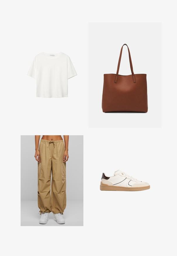 Bílý krátký rukáv tričko vyrobené z bavlny. Má kulatý výstřih a volný střih. Hladký materiál bez viditelných vzorů nebo akcentů.; Beige cargo kalhoty s elastickým pasem, stahovací šňůrkou a bočními kapsami. Mají nařasené manžety a lehký, hladký materiál.; Stradivarius Tenisky - white; Hnědá kožená taška přes rameno s hladkou texturou, otevřeným designem a dvěma ramenními popruhy. Obsahuje minimální švy a žádné viditelné kovové prvky.