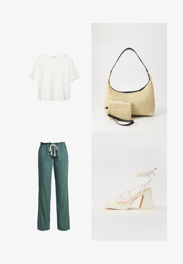 Valkoinen lyhythihainen T-paita, joka on tehty puuvillasta. Siinä on pyöreä kaula-aukko ja rento malli. Silkkinen pinta ilman näkyviä kuvioita tai koristeita.; Keveitä, vihreitä pellavahousuja, joissa on rento istuvuus, joustava vyötärönauha ja nyöri sekä kaksi sivutaskua.; Valkoinen korkokenkä, jossa on paksu korko, ja joka sisältää nauhakiinnityksen ja nilkkaketjun. Sujuva pinta, jossa on platform-etupohja lisäkorkeutta varten.; Kudottu olkikassi kaarevalla siluetilla, jossa on sileä musta nahkaremmi ja siihen kiinnitetty yhteensopiva pieni pussukka rannekahvalla.