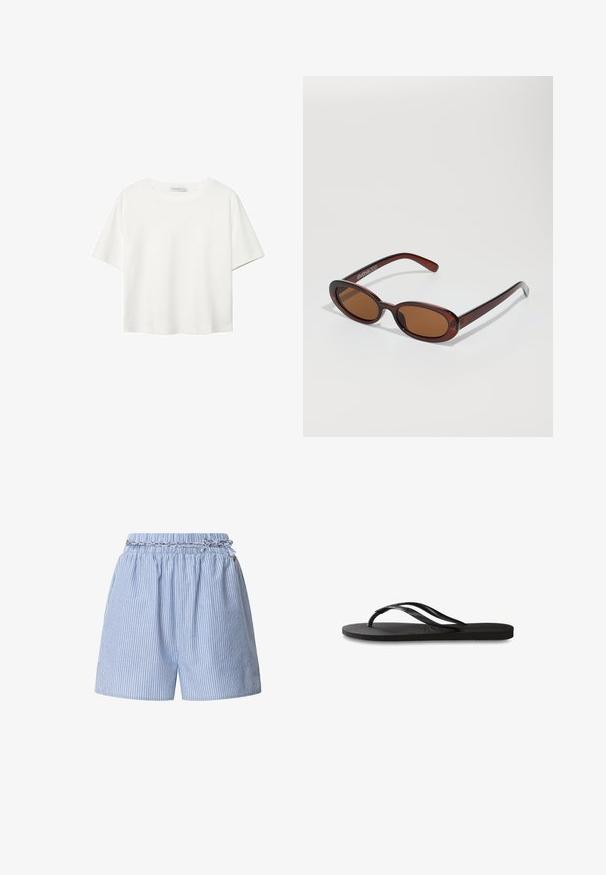 Bílý krátký rukáv tričko vyrobené z bavlny. Má kulatý výstřih a volný střih. Hladký materiál bez viditelných vzorů nebo akcentů.; Páskové modré šortky s elastickým pasem a pletenou šňůrkou. Vyznačují se vertikálními bílými pruhy a volným střihem.; Černé žabky s texturovanou gumovou podrážkou, dvěma štíhlými popruhy a jemným, embosovaným logem na popruhu.; Kulaté sluneční brýle hnědé barvy s lesklým burgundským rámem. Úzké nožičky s jemným logem. Rovné čočky.