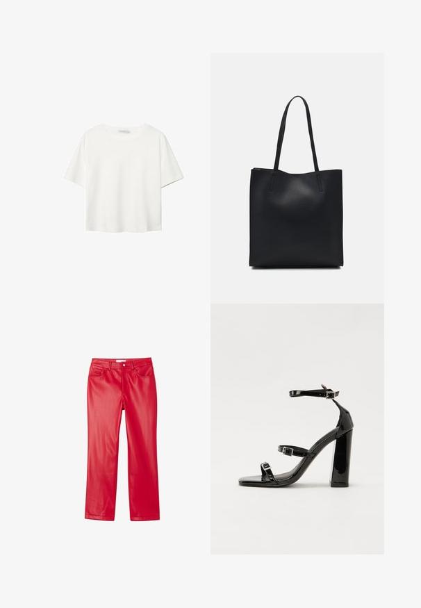 Valkoinen lyhythihainen T-paita, joka on tehty puuvillasta. Siinä on pyöreä kaula-aukko ja rento malli. Silkkinen pinta ilman näkyviä kuvioita tai koristeita.; Punaiset tekonahkahousut, joissa on tyylikäs muotoilu, suora lahjerakenne, viisi taskua ja sileä, kiiltävä pinta.; Musta kiiltävä korkokenkä sandaalit neliönmuotoisella varpaalla, nilkkaremmillä ja hopeisilla soljilla. Varustettu tukevalla lohkokorkealla vakauden takaamiseksi.; Mustapahkainen kangaskassi, jossa on sileä pinta, suorakaiteen muotoinen ja kaksi pitkää kahvaa. Ei näkyvää metalliosaa tai koristeita.