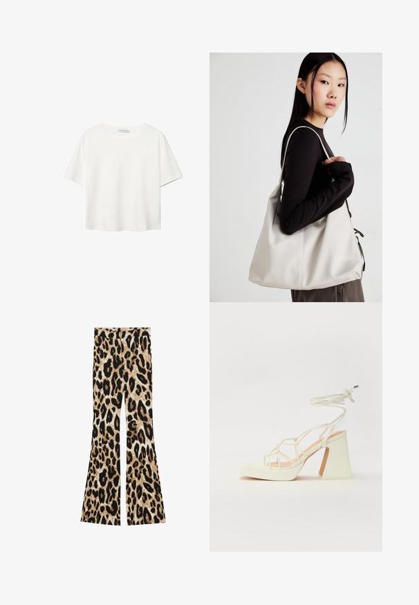 Biela krátkopsová tričko vyrobené z bavlny. Má okrúhly výstrih a voľný strih. Hladká textúra bez viditeľných vzorov alebo akcentov.; Rozšírené nohavice s leopardím vzorom v čiernych a hnedých odtieňoch, rebrovanou textúrou a vysokým pásom.; Biele sandále na vysokom opätku s hrubým podpätkom, s pruhovaným dizajnom a viazaním na členku. Hladký povrch s platformou vpredu pre zvýšenú výšku.; Béžová kabelka vyrobená z mäkkého materiálu, s uvoľneným dizajnom, prišitými detailmi a dvoma popruhmi na nosenie na pleciach. Vhodná na každodenné nosenie.