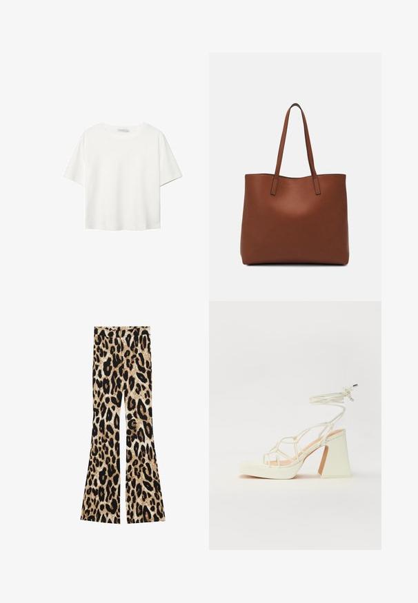 Biela krátkopsová tričko vyrobené z bavlny. Má okrúhly výstrih a voľný strih. Hladká textúra bez viditeľných vzorov alebo akcentov.; Rozšírené nohavice s leopardím vzorom v čiernych a hnedých odtieňoch, rebrovanou textúrou a vysokým pásom.; Biele sandále na vysokom opätku s hrubým podpätkom, s pruhovaným dizajnom a viazaním na členku. Hladký povrch s platformou vpredu pre zvýšenú výšku.; Hnedá kožená taška na rameno s hladkou textúrou, otvoreným vrchom a dvoma ramenými popruhmi. Má minimálne šitia a žiadne viditeľné kovania.