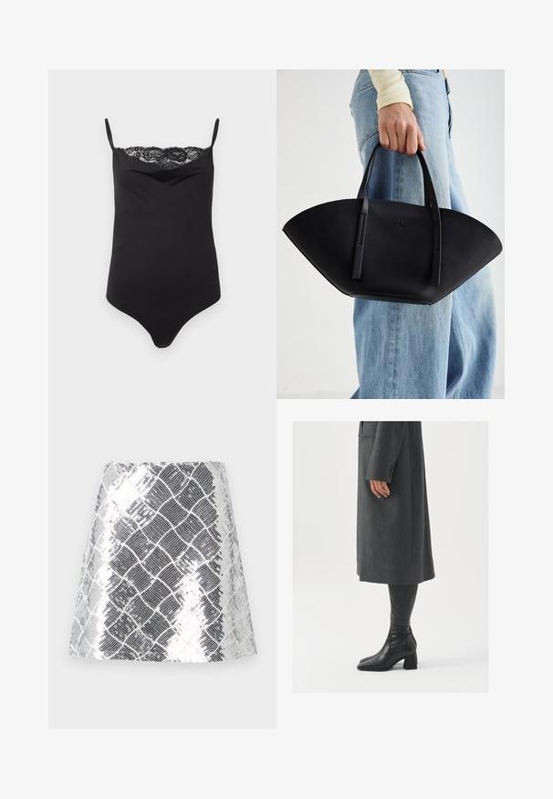 Melna bodijs ar plānām siksnām un mežģīņu apdari augšējā daļā. Gluda tekstūra, pieguļošs dizains un dziļš dekoltē.; Sudrabaini un melni rakstaini svārki ar teksturētu, metalizētu apdari. Dizainā ir redzama režģa formas čūskādai līdzīga efekts visā apģērba garumā.; Pelēks, pielāgots mētelis ar taisnu griezumu; kombinēts ar melniem ādas zābakiem līdz ceļiem, kuriem ir kvadrāta formas purngals un masīla dūre.; Melnas ādas rokassoma ar unikālu ventilatora formu, aprīkota ar plakaniem rokturiem. Virsma ir ar graudainu faktūru un minimālistisku dizainu.