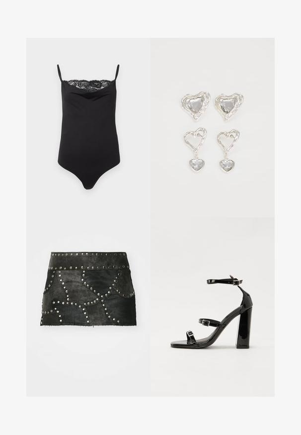 Čierny body s tenkými ramienkami a krajkovým lemom na vrchu. Hladká textúra, priliehavý strih a hlboký výstrih.; Čierna kožená sukňa so dekoratívnymi striebornými cvočkami a zakriveným švom. Má priliehavý pás a lem, ktorý sa nachádza nad stredom stehna.; Čierne lakované sandále na podpätku so štvorcovou špičkou, navlečenými remienkami okolo členku a striebornými prackami. Disponujú masívnym blokovým podpätkom pre stabilitu.; Strieborné náušnice v tvare srdca sú zdobené facetovanými čírymi kameňmi s textúrovaným rámom. Sada obsahuje štýly so zapichovaním a visiacich náušníc.