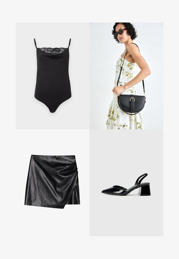 Svart kroppssuit med tynne stropper og blondekant øverst. Jevn tekstur, tettsittende design og dyp utringning.; Svart skinnminiskjørt med innpakningsdesign, som har en myk, jevn tekstur og subtile draperingsdetaljer på den ene siden.; Svarte patentlær slingback hæler med spiss tå og geometrisk blokk hæl. Har et stilrent, minimalistisk design og jevn tekstur.; Svart lærveske med en buet form, avtagbar stropp og gullbeslag. Vesken har et klaff med spenne-detall.; Sølv hjerteformede øredobber har fasetterte klare steiner med en teksturert ramme. Sett inkluderer både stud- og hengende stiler.
