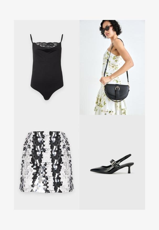 Body noir avec des fines bretelles et une dentelle en haut. Texture lisse, design ajusté et décolleté plongeant.; Jupe mini en sequins noire et argentée avec une forme ajustée. Présente des sequins circulaires réfléchissants disposés en motif ondulé. Texture lisse.; Escarpins slingback en cuir verni noir avec un bout pointu et un petit talon bloc, mettant en avant un accent en boucle argentée sur la sangle.; Sac à main en cuir noir avec une forme courbée, bandoulière amovible et des accessoires en or. Le sac est doté d'un rabat avec un détail de boucle.