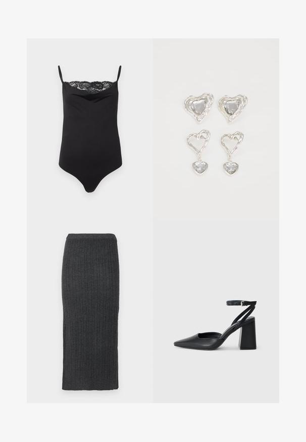 Body negru cu bretele subțiri și dantelă la decolteu. Textură netedă, design ajustat și decolteu adânc.; Fustă midi tricotată, cu model de mănunchi în gri închis. Prezintă o siluetă ajustată și un tiv elastic. Fabricată dintr-un material moale, texturat.; Pantofii cu toc ascuțit din piele neagră, cu breteaua pentru glezne și toc gros. Textură netedă, design elegant și estetică minimală.; Cerceii în formă de inimă argintie sunt decorați cu pietre clare fațetate, având un cadru texturat. Setul include stiluri cu buton și cu pandantiv.