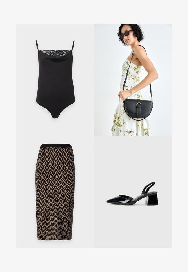 Svart kroppssuit med tynne stropper og blondekant øverst. Jevn tekstur, tettsittende design og dyp utringning.; Strikket blyantskjørt i svart og beige med geometrisk mønster. Har ribbestrikket liv og tettsittende silhuett.; Svarte patentlær slingback hæler med spiss tå og geometrisk blokk hæl. Har et stilrent, minimalistisk design og jevn tekstur.; Svart lærveske med en buet form, avtagbar stropp og gullbeslag. Vesken har et klaff med spenne-detall.