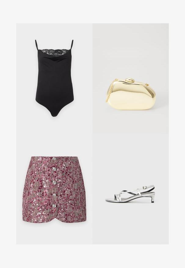 Črn bodi z tankimi naramnicami in čipkastim robom na vrhu. Gladka tekstura, prilegajoča zasnova in globok dekolte.; Roza blejzer s šikanimi sekvini in teksturirano tkivo, ki se ponaša s prilegajočim dizajnom in petimi srebrnimi gumbi spredaj. Oblikovan rob in sijoči detajli.; Srebrne metalne sandale na peto s crisscross naramnicami in gladko teksturo. Minimalističen dizajn.; Metalna zlata torbica z gladko, zaobljeno obliko, opremljena z zgornjim gumbom in majhnim verižnim ročajem za nošenje.