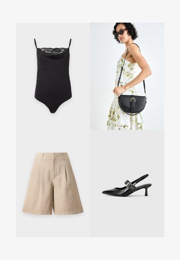 Black bodysuit with thin straps and a lace trim at the top. Smooth texture, fitted design, and plunging neckline.; Beige cotton shorts with pleats, featuring a high waist and straight cut. Smooth texture and tailored design provide a structured look.; Black patent leather slingback heels with a pointed toe and a small block heel, featuring a silver buckle accent on the strap.; Black leather handbag with a curved shape, detachable strap, and gold hardware. The bag features a flap with a buckle detail.