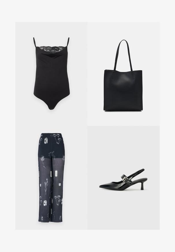 Schwarzer Body mit dünnen Trägern und einer Spitzenkante an der Oberseite. Glatte Textur, taillierter Schnitt und tiefem Ausschnitt.; Marineblaue Hose mit elastischem Bund, verziert mit Blumen- und Pilzmotiven in Weiß. Hergestellt aus leichtem, transparentem Stoff mit fließendem Design.; Schwarze Lackleder Slingback-Absätze mit spitzem Zeh und kleinem Blockabsatz, ausgestattet mit einem silbernen Schnallenakzent am Riemen.; Schwarze Laptoptasche aus Leder mit glatter Textur, rechteckiger Form und zwei langen Griffen. Keine sichtbaren Beschläge oder Verzierungen.