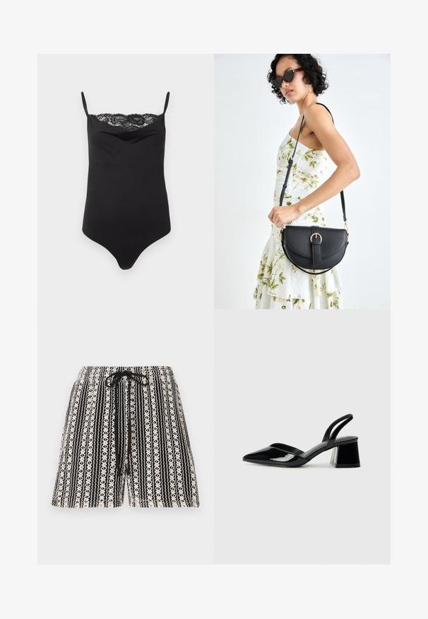 Černý body s tenkými ramínky a krajkovým lemem na vrchu. Hladký texture, přiléhavý střih a hluboký výstřih.; Černobílé vzorované šortky s elastickým pasem na šňůrku, zdobené vertikálními pruhy a květinovými motivy.; Černé lakované kožené lodičky na pásku s špičatou špičkou a geometrickým blokovým podpatkem. Vyznačují se elegantním, minimalistickým designem a hladkým povrchem.; Černá kožená kabelka s křivkovým tvarem, odnímatelným popruhem a zlatými detaily. Kabelka má klopu s přezkou.