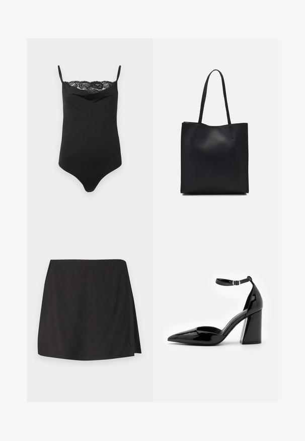 Svart bodysuit med tunna remmar och spetsdetalj upptill. Slät textur, åtsittande design och djup urringning.; Svart kjol i slät tyg, med rak skärning och en slits på ena sidan. Enkel design utan mönster eller dekorationer.; Svart lackläder högklackad sko med spetsig tå, ankelsrem och bred klack för stabilitet, med en slät, glansig yta.; Svart lädertoffelväska med slät textur, rektangulär form och två långa handtag. Ingen synlig hårdvara eller dekorationer.