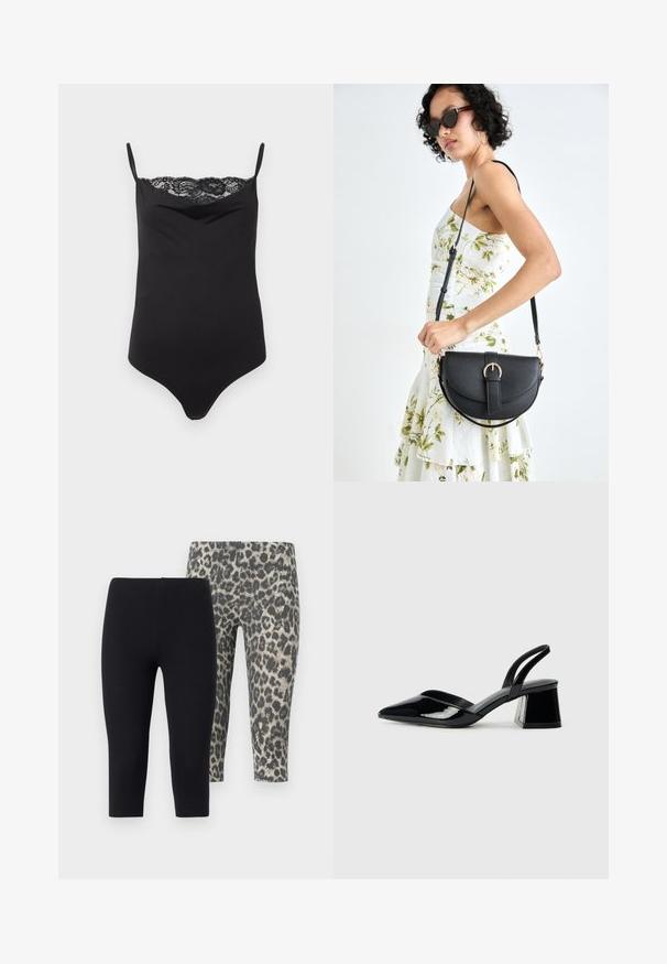 Body negru cu bretele subțiri și dantelă la decolteu. Textură netedă, design ajustat și decolteu adânc.; Două perechi de colanți scurți: una complet neagră, cealaltă cu un model de leopard gri. Material moale, elastic, cu un tiv elastic.; Pantofi cu toc slingback din piele lacuită neagră, cu vârf ascuțit și toc geometric. Prezintă un design elegant, minimalist și o textură netedă.; Geantă din piele neagră, cu o formă curbată, curea detașabilă și accesorii aurii. Geanta are un capac cu un detaliu tip cataramă.