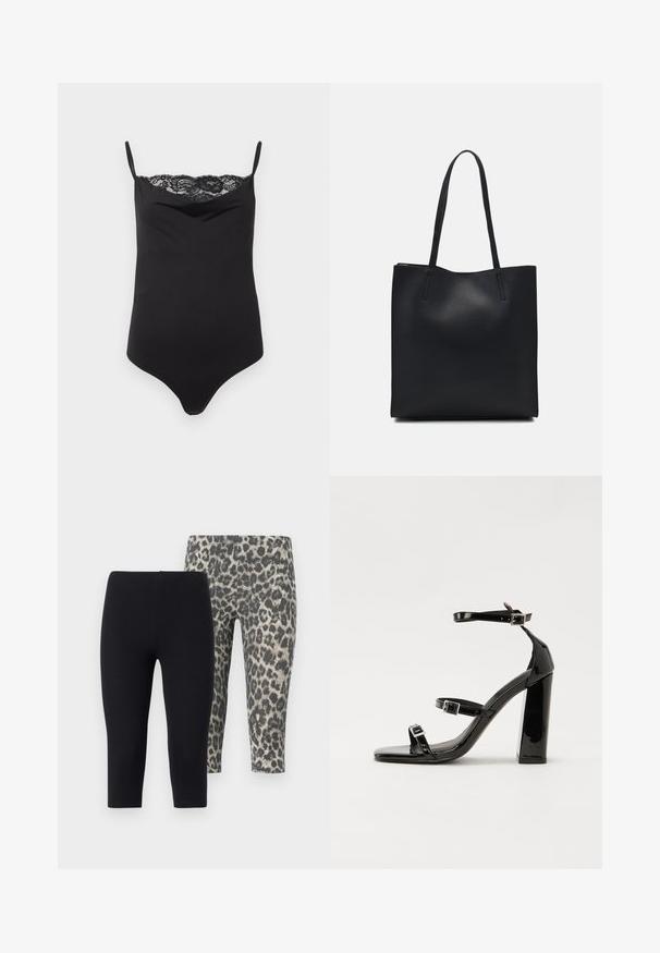 Body negru cu bretele subțiri și dantelă la decolteu. Textură netedă, design ajustat și decolteu adânc.; Două perechi de colanți scurți: una complet neagră, cealaltă cu un model de leopard gri. Material moale, elastic, cu un tiv elastic.; Sandale negre din piele lacuită, cu toc înalt, două curele cu catarame, vârf pătrat și toc gros, având o textură netedă și lucioasă.; Geantă tote neagră din piele, cu textură netedă, formă rectangulară și două mânere lungi. Fără hardware vizibil sau ornamente.