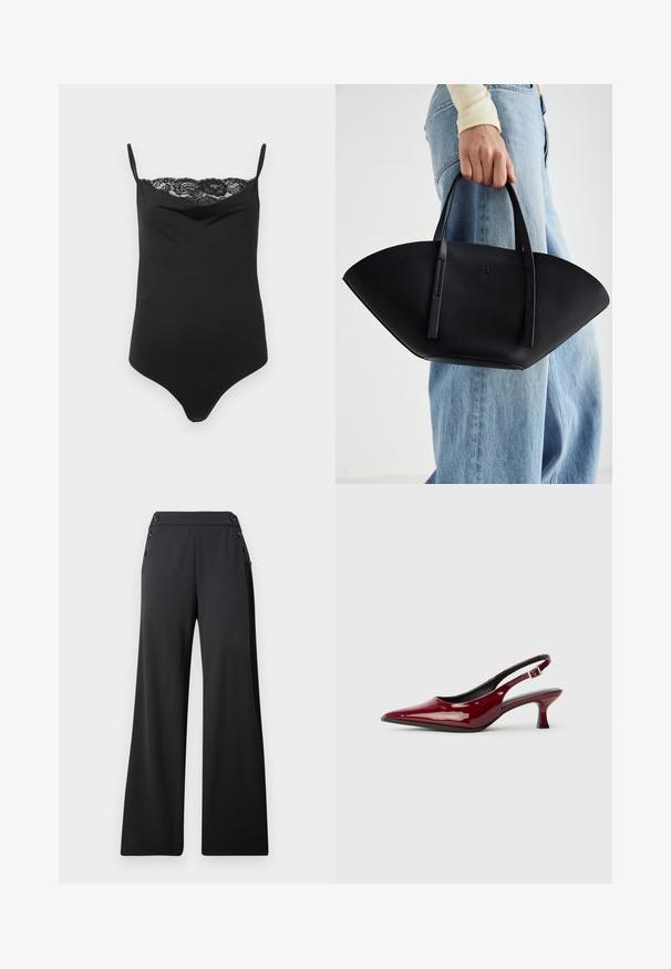 Sort bodysuit med tynde stropper og blondekant øverst. Glat tekstur, tætsiddende design og dyb udskæring.; Sorte brede bukser med høj talje og dekorative knapper på siderne, præsenteret fladt mod en ensfarvet baggrund.; Bordeaux patenteret læder slingback hæle med spids tå og en slank stiletto hæl. Åben rygdesign med justerbar ankelrem.; Sort læderhåndtaske med en unik vifteform, der har flade håndtag. Overfladen har en pebblelignende tekstur og et minimalistisk design.