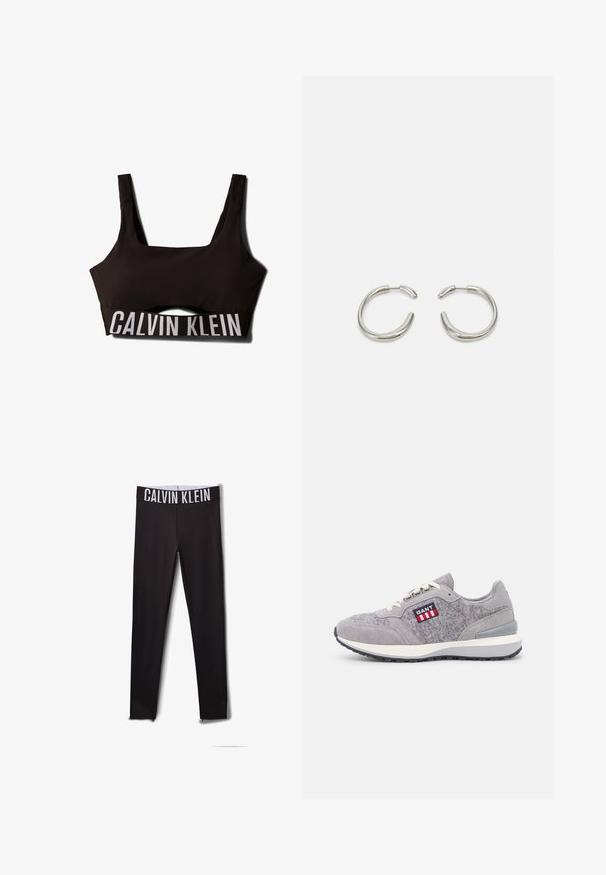 Schwarzer Sport-BH mit quadratischem Ausschnitt und breiten Trägern. Verfügt über eine strukturierte Oberseite und ein kontrastierendes weißes "CALVIN KLEIN" Logo am Bund.; Schwarze Leggings mit einem weißen "CALVIN KLEIN"-Logo am Bund. Glattes Material, figurbetontes Design, mit Mesh-Akzenten an den Knöcheln.; GANT ABRILAKE - Sneaker low - gray; Silberne Creolen mit einem glatten, abgerundeten Design und einem eleganten, polierten Finish. Sie zeichnen sich durch eine minimalistische Form mit einer leichten Öffnung aus.