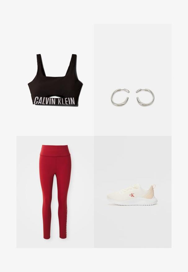 Zwarte sportbeha met een vierkante halslijn en brede banden. Kenmerkt zich door een textuur aan de bovenkant en een contrasterend wit "CALVIN KLEIN" logo op de band.; Rode hoge taille volle lengte leggings met zichtbare zijnaad en gedeeltelijk wit merkembleem op de onderkant van het rechterbeen tegen een witte achtergrond.; Witte mesh sneakers met een gestructureerd oppervlak, lichtbeige accenten, een verhoogde witte zool en een rood "CK" logo op de zijkant.; Zilveren hoepeloorbellen met een glad, rond ontwerp en een strakke, gepolijste afwerking. Heeft een minimalistische vorm met een lichte opening.