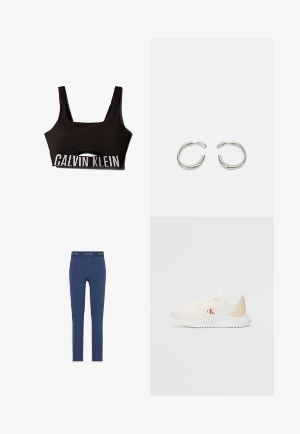 Crni sportski grudnjak s kvadratnim izrezom i širokim trakama. Ima teksturirani gornji dio i kontrastni bijeli logo "CALVIN KLEIN" na donjem dijelu.; Mornarice plave tajice izrađene od rastezljivog materijala, s glatkom teksturom i elastičnom trakom u struku na kojoj je otisnut logo Calvin Klein.; Bijele mrežaste tenisice s teksturiranom površinom, svijetlosmeđim akcentima, podignutim bijelim potplatom i crvenim "CK" logotipom sa strane.; Srebrne okrugle naušnice s glatkim, zaobljenim dizajnom i sjajnom, poliranom završnom obradom. Imaju minimalistički oblik s blagim otvorom.